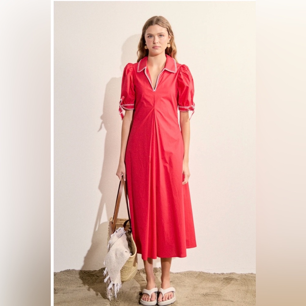 English Factory Stitch Detail Red Midi Dress with Contrast Trim Medium NWT